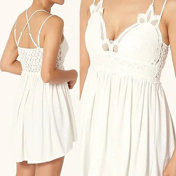 NEW Ivory Boho Crochet Lace Bralette Babydoll Ruffle Long Line Tunic Cami Top - Picture 7 of 8